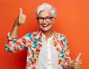 Na tle głównym starsza, zadowolona kobieta trzyma kciuk do góry.