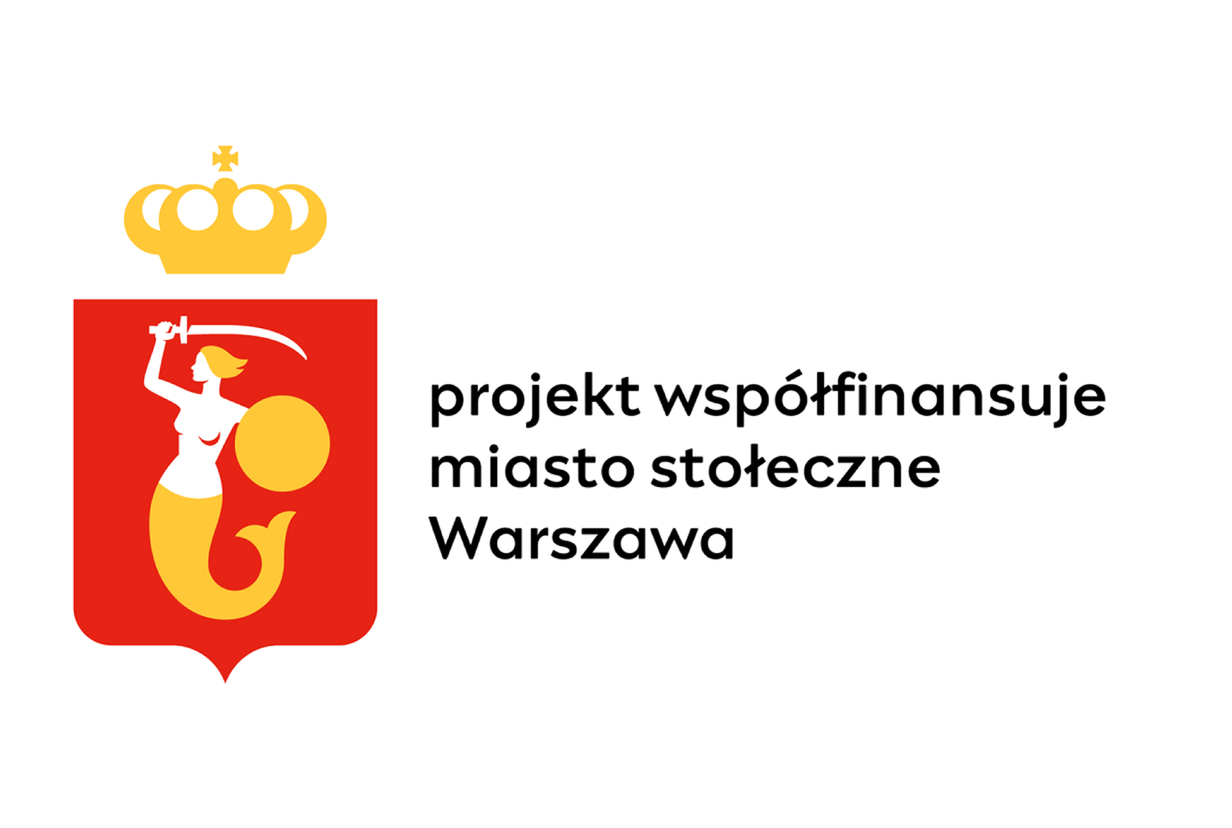 Logo m.st. Warszawy; Herb przedstawia w polu czerwonej tarczy postać kobiety z rybim ogonem zwróconą w prawo, z wzniesionym mieczem w ręce prawej i tarczą okrągłą w ręce lewej. Nad tarczą znajduje się korona królewska.